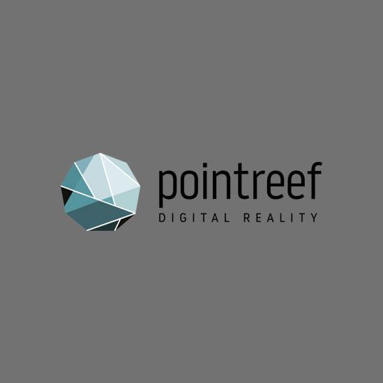 Das Logo von Pointreef ist auf einem grauen Hintergrund platziert.